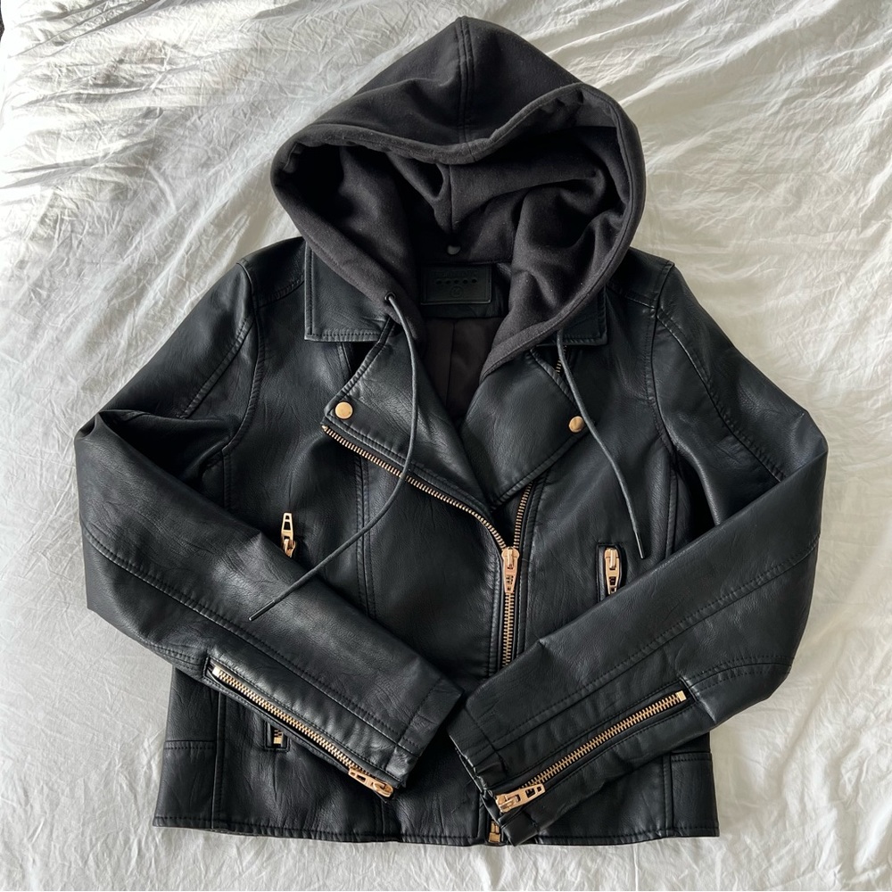 Blank NYC Faux Leather Hooded Crop Moto Jacket